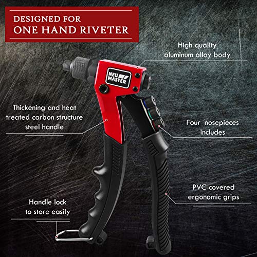 NEU MASTER Rivet Gun with 200 Rivets, Heavy Duty Manual Rivet Gun Kit, 4 Tool-free Interchangeable Heads with Carrying Case, One-hand Pop Riveter for Metal, Plastic, Leather & DIY