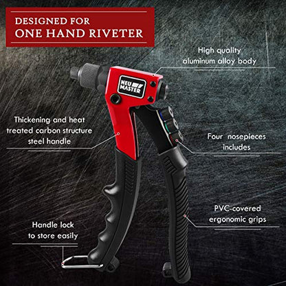 NEU MASTER Rivet Gun with 200 Rivets, Heavy Duty Manual Rivet Gun Kit, 4 Tool-free Interchangeable Heads with Carrying Case, One-hand Pop Riveter for Metal, Plastic, Leather & DIY