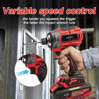 21V Brushless 1/4'' Impact Driver kit,with 2*2.0AH Batteries,300N.m High Torque,4-Speed Adjustable Torque with Memory Function,Variable Speed ＆Brake Stop,LED Light,for Wood Metal Drilling
