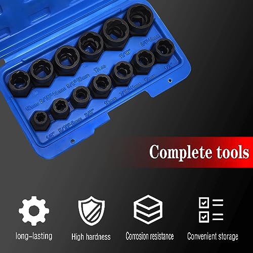 14PCS Twist Lug Nut Socket Set, 3/8" Drive Bolt Nut Extractor Tool | Metric, 6.35mm -19mm Sockets, Center Punch Bar, Damaged Nut Lock Remover, Rusted, Stripped, Screws, Stuck Locking Nut Removal - color: 14pcs Lug Nut Extractor 3/8 Inch Drive