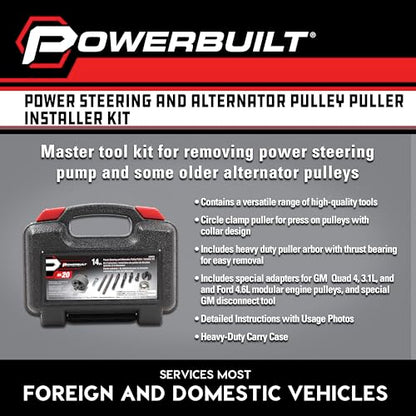 Powerbuilt Power Steering and Alternator Pulley Remove and Install Tool Set, Replace Vehicle Steering Pump, Car Repair Tools, Storage Case - 648605 - style: Tool Set