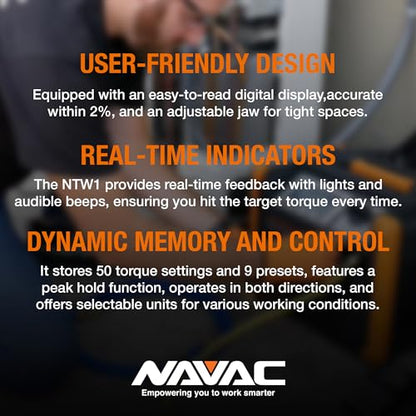NAVAC NTW1 Digital Torque Wrench - Adjustable Jaw - Digital Readout - Torque Settings Memory - Dual Direction - Selectable Measuring Units - Indicator Lights and Sound - 1 Year Warranty