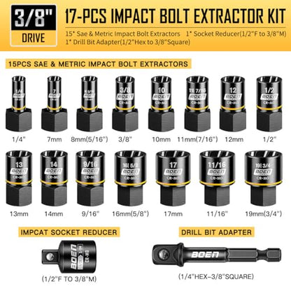 BOEN Impact Bolt Extractor Kit 3/8 Inch Drive, 17-Piece Easy Out Nut and Bolt Extractor Set For Damaged, Frozen, Studs, Rusted, Rounded Bolts, Include Impact Reducer and Drill Bit Adapter, Cr-Mo Steel