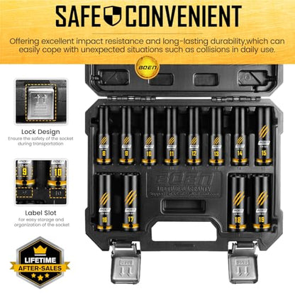 BOEN 12-Piece 1/2" Drive Deep Impact Socket Set, Metric Sockets (8-19mm), 6-Point CR-MO Steel with Deep Embossed and Painted Marking