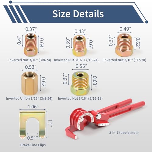3/16" 25FT Copper Coated Brake Line Kit with Inverted Nuts and Unions, 3 in 1 Tube Bender, Brake Line Clips, Copper Coil Repair Kit for Car Industrial Hydraulic Brake Systems(Gold) - color: Gold, size: 3/16"