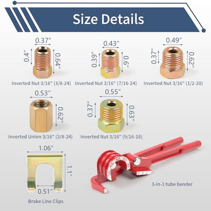 3/16" 25FT Copper Coated Brake Line Kit with Inverted Nuts and Unions, 3 in 1 Tube Bender, Brake Line Clips, Copper Coil Repair Kit for Car Industrial Hydraulic Brake Systems(Gold) - color: Gold, size: 3/16"