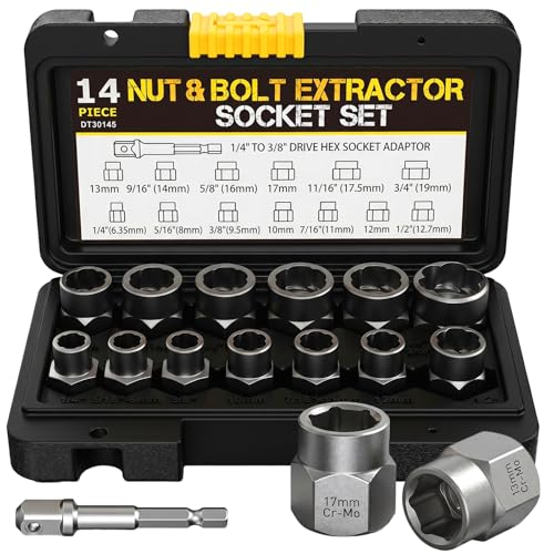Bolt Extractor Set Heavy Duty, 14Pcs Impact Nut & Bolt Remover Kit with 3/8" Adapter, Stripped Lug Nut Extractor Tool for Rusted, Rounded, Damaged Nuts & Screws - size: 14PCS