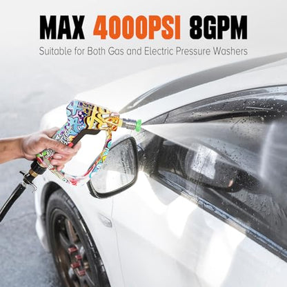 Short Pressure Washer Gun, Power Washer Gun | 4000PIS Pressure Washer Wand for Foam Cannon, 3/8" & M22-14mm Connect, 1/4" Quick Connect, Car Washer Gun 5 Spray Nozzle - color: Graffiti-Fixed Inlet