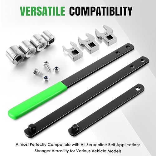 Meonum Universal Serpentine Belt Tool Kit, Includes 3/8" & 1/2" Drive Belt Adjust Tightener Wrench Set, 4 Shallow Sockets, 3 Crowfoot, Tensioner Wrench & Removal Tool Auto Repair, Maintenance(Green) - color: Green