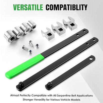 Meonum Universal Serpentine Belt Tool Kit, Includes 3/8" & 1/2" Drive Belt Adjust Tightener Wrench Set, 4 Shallow Sockets, 3 Crowfoot, Tensioner Wrench & Removal Tool Auto Repair, Maintenance(Green) - color: Green