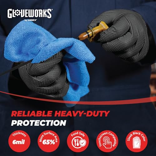 GLOVEWORKS HD Black Nitrile Industrial Disposable Gloves, 6 Mil, Latex-Free, Raised Diamond Texture, Large, Box of 100