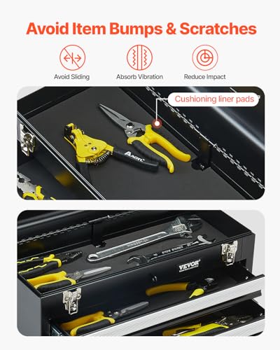 VEVOR Metal Tool Box, 20.5-inch, Portable Metal Tool Box with 3 Drawers, Small Tool Chest with EVA Liners, Ball Bearing Slide Drawers Locking & Powder Coated Finish, Multi-Function Tool Organizer - size: 3 Drawers-Black