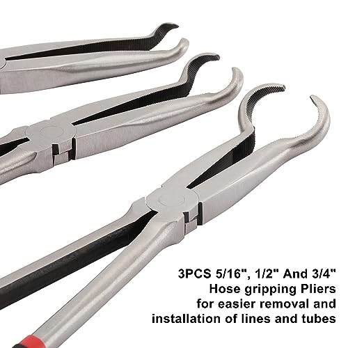 CASOMAN 3Pcs 11" Hose Gripper Plier Set, Black & Red, 5/16-Inch, 1/2-Inch, 3/4-Inch Dia, Offset Spark Plug Boot Removal Pliers Serrated Jaws for Hard to Reach Narrow Spaces - style: 3PCS