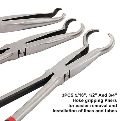 CASOMAN 3Pcs 11" Hose Gripper Plier Set, Black & Red, 5/16-Inch, 1/2-Inch, 3/4-Inch Dia, Offset Spark Plug Boot Removal Pliers Serrated Jaws for Hard to Reach Narrow Spaces - style: 3PCS
