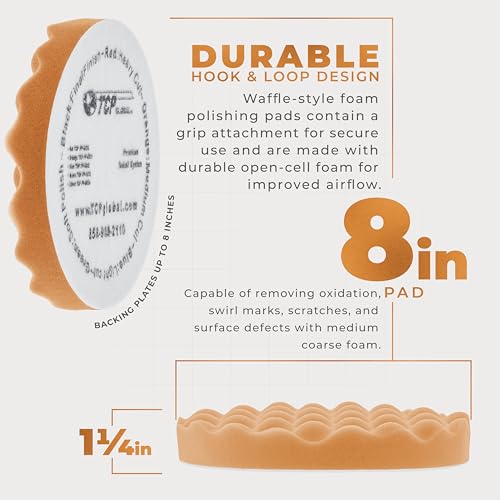 TCP Global 8" Orange Waffle Foam Buffing Pad Hook and Loop Backing - Coarse Buffing Pad for Polishing, Automotive, Marine, Truck, RV & Compound Cutting, Car Polishing Pads - color: Orange