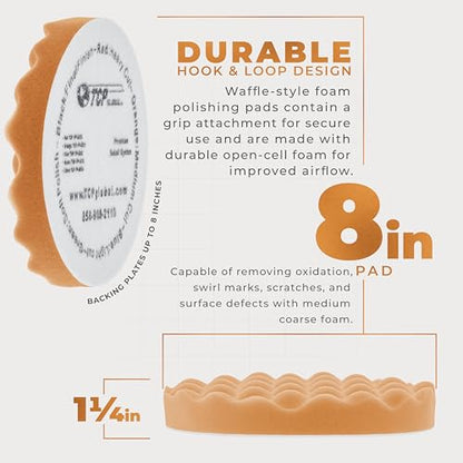 TCP Global 8" Orange Waffle Foam Buffing Pad Hook and Loop Backing - Coarse Buffing Pad for Polishing, Automotive, Marine, Truck, RV & Compound Cutting, Car Polishing Pads - color: Orange