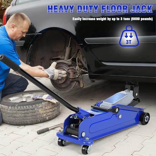 3 Ton Floor Jack (6600 lbs) - Heavy Duty Steel Low Profile Hydraulic Car Jack for Home Garage Use, Fast Lift Service Jack with Wheels, Lifting Range (5"-15.2") - color: Blue