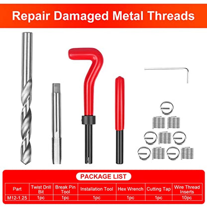 Thread Repair Kit M12 X 1.25mm, Metric Thread Repair Insert Kit | Compatible Hand Tool Set for Damaged Thread and Auto Repairing - size: Metric,M12×1.25mm
