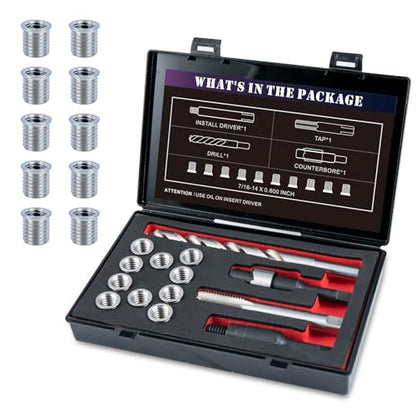 7/16-14 SAE Thread Repair Kit with Insert HSS Drill, Tap, Counterbore, Installation Driver, 10PCS Stainless Steel Insert 7/16-14X0.600 INCH
