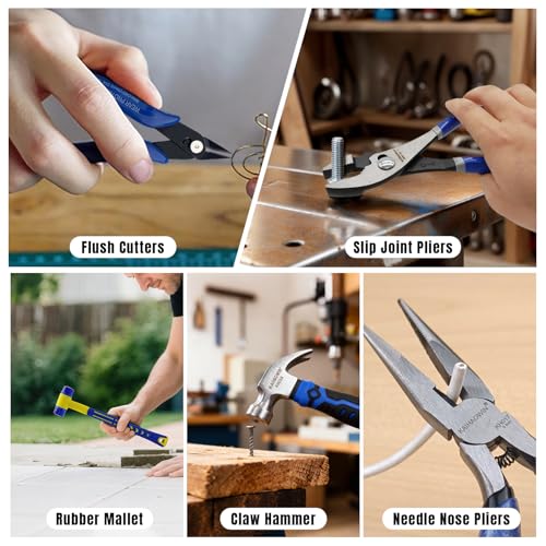 KAIHAOWIN 11-Piece Home Tool Kit with Carry Case - CR-V Steel Pliers Set, Wrench, Hammer, Screwdriver & Wire Cutter for DIY Repair, Automotive, Plumbing & Household Maintenance - color: 11 Piece