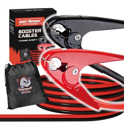 Cartman 2 Gauge 16 ft Heavy Duty Jumper Cables with Carry Bag | Dual-Connection Clamps, Heavy-Duty CCA Conductors, Cold-Resistant TPR Jacket - size: 16-Feet (2-Gauge)