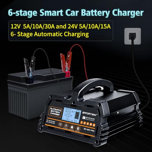 30A Battery Charger, 12V/24V Lead Acid, 12V LiFePO4. Smart Battery Charger with Trickle Charge. Car Battery Maintainer with LCD Display. Suitable for Trucks, Motorcycles - size: 30A