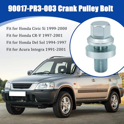 90017-PR3-003 Crank Pulley Bolt Fit for Honda Civic Si Del Sol CR-V Acura | Fits 1999-2000 Civic Si, 1997-2001 CR-V, 1994-1997 Del Sol, 1991-2001 Integra, B-Series DOHC VTEC. High-strength steel