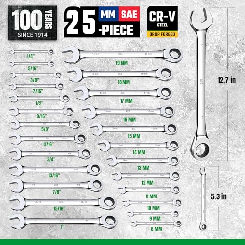 SK Ratcheting Wrench Set, Combination Wrench Set, 25-Piece, SAE 1/4" to 1", Metric 8 to 19mm, 72-Tooth, Premium CR-V Construction, with Rack Organizer - size: Metric&SAE