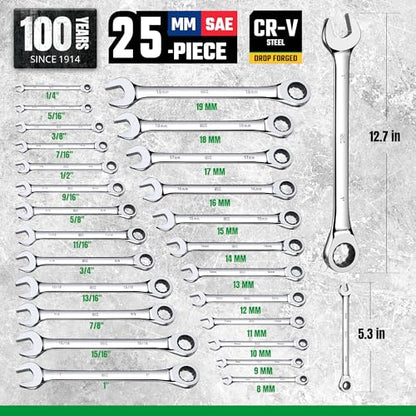 SK Ratcheting Wrench Set, Combination Wrench Set, 25-Piece, SAE 1/4" to 1", Metric 8 to 19mm, 72-Tooth, Premium CR-V Construction, with Rack Organizer - size: Metric&SAE