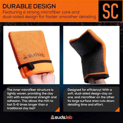 Suds Lab SC Synthetic Clay Mitt for Car Detailing – Reusable Clay Bar Mitt to Remove Paint Overspray, Water Spots, Tree Sap & Rail Dust from Paint, Glass & Plastic
