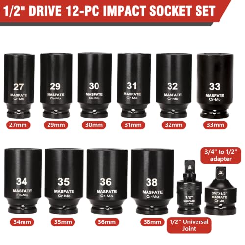 1/2" Metric Impact Socket Set 12PCS, CR-MO, 6-Point,27-38mm | 78mm Deep Socket set, Includes 3/4" to 1/2" Adapter & U-Joint. Ideal heavy-duty kit for car and truck lug nut repair - size: 1/2" | Metric|12-PCS