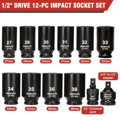 1/2" Metric Impact Socket Set 12PCS, CR-MO, 6-Point,27-38mm | 78mm Deep Socket set, Includes 3/4" to 1/2" Adapter & U-Joint. Ideal heavy-duty kit for car and truck lug nut repair - size: 1/2" | Metric|12-PCS