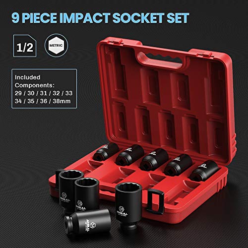Anbull 1/2" 9 PCS Deep Axle nut Impact Socket Set, CR-Mo Steel, 12-Point Design, Metric Sizes(29, 30, 31, 32, 33, 34, 35, 36, 38mm)