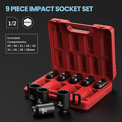 Anbull 1/2" 9 PCS Deep Axle nut Impact Socket Set, CR-Mo Steel, 12-Point Design, Metric Sizes(29, 30, 31, 32, 33, 34, 35, 36, 38mm)