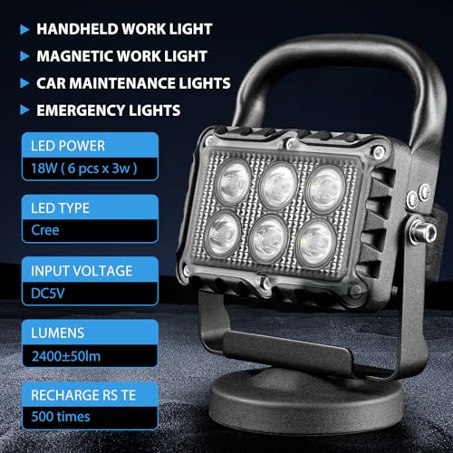 SMA 18W LED Work Light 2400 Lumens Aluminum Alloy High Brightness Strong Magnetic Base Wireless Portable Waterproof Dustproof Garage Workshop Car Repair Construction Site Light (White)