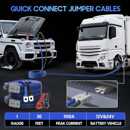 Heavy Duty Jumper Cables - 1 Gauge 30 Feet 900Amp Automotive Booster Jumper Cables with 175A Battery Quick Connect and Permanent Installation kit for Car, SUV and Trucks Battery - (SB175 Gray) - size: 1 Gauge 30FT（SB175）