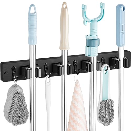 OUTNILI Black Mop Broom Holder Wall Mount with 4 Slots & 4 Hooks - Rustic Wood Broom Mop Hanger for Pantry Closet Laundry Room Organization - Heavy Duty Garden Tool Organizer - Black Kitchen Decor - color: Black-4 Grips, size: 1 Pack