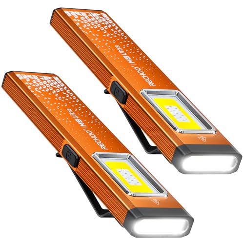 RECHOO Flat EDC Flashlight Rechargeable, 8-Mode Slim Pocket Flashlight with Magnetic Base & Clip, Lightweight Mini Rechargeable Flashlights for Everyday Carry, Working, Camping, Car Repair & Emergency - color: Orange, size: 2 Pack