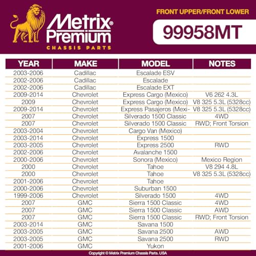 Metrix Premium Chassis Parts - 4 PC Front Lower & Upper Ball Joint Kit Fits 02-06 Cadillac Escalade, 00-06 Chevrolet Tahoe, 00-06 Suburban 1500, 03-14 GMC Savana 1500, K6541, K6540, Made in Europe