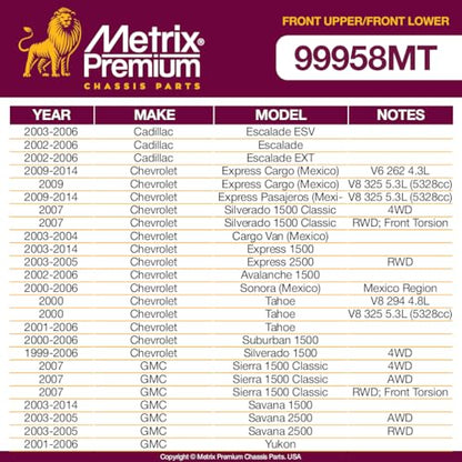 Metrix Premium Chassis Parts - 4 PC Front Lower & Upper Ball Joint Kit Fits 02-06 Cadillac Escalade, 00-06 Chevrolet Tahoe, 00-06 Suburban 1500, 03-14 GMC Savana 1500, K6541, K6540, Made in Europe