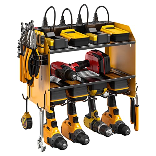 CCCEI Wall Mount Modular Tool Charging Organizer, Yellow, 1 Pack, 3 Tier. | Drill Battery Storage Rack with Hooks, Garage Workshop, Gifts for Men, Dad, Husband Anniversary, Birthday, Christmas - color: Yellow