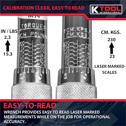 K Tool International 72100 Ratcheting Click Torque Wrench, 20 to 200 Inch Pound Range, Clockwise Operation, 4 Percent Accuracy, Audible Click, Compact Length