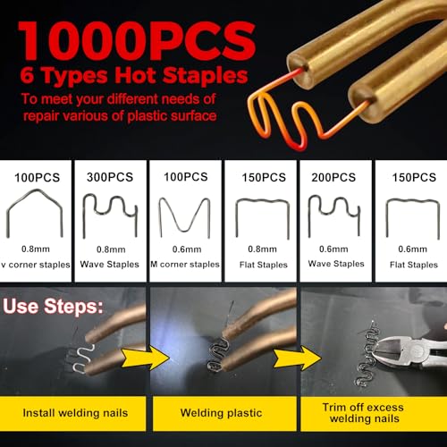 Plastic Welder, 1000PCS Hot Stapler Plastic Welding Kit, Plastic Welder Gun Kit with LED light, AC110v-130v, 6 Types Hot Stapler for Car Bumper and Most Plastic Repair (Yellow)