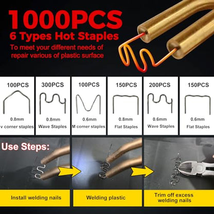 Plastic Welder, 1000PCS Hot Stapler Plastic Welding Kit, Plastic Welder Gun Kit with LED light, AC110v-130v, 6 Types Hot Stapler for Car Bumper and Most Plastic Repair (Yellow)