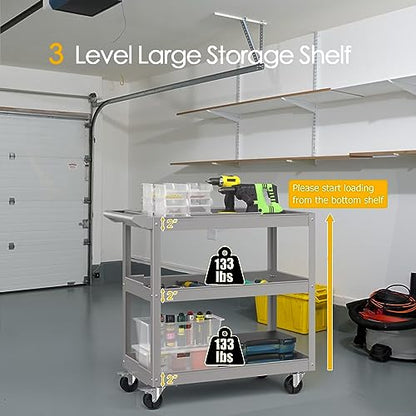 IRONMAX 3-Tier Utility Service Cart, 400 Lbs Heavy Duty Metal Trolley Rolling Cart w/Ergonomic Flat Handle, Lockable 360°Swivel Wheels, Chic Mechanic Tool Cart for Garage Warehouse & Repair Shop - color: Gray