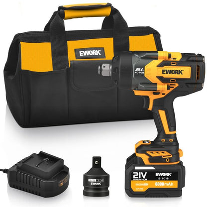 EWORK 3/4" Cordless Impact Wrench 21V Heavy Duty Electric Wrench Max 1500 Ft-lbs, Brushless Motor, High Torque Impact Gun with 6.0Ah Battery & 3/4" to 1/2 Inch Socket Adapter for Heavy Truck/Pickup