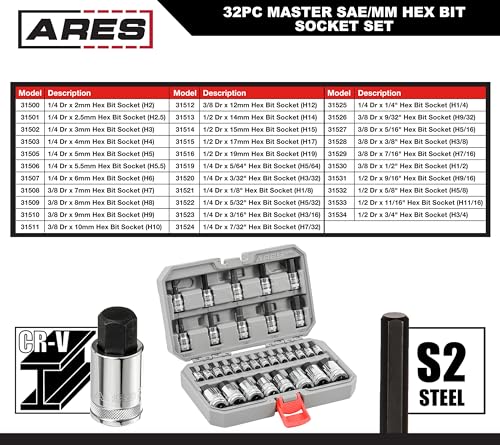 ARES 31030 32-Pc Master SAE & Metric Hex Bit Socket Set - 1/4,3/8,1/2-In | Knurled Drive Ends; Durable Latching Storage Case - size: Master SAE and Metric Hex Bit Socket Set