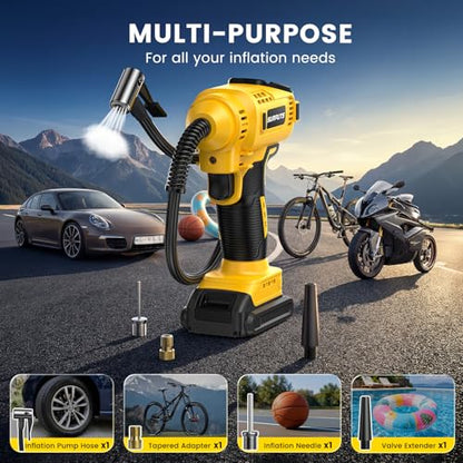 Tire Inflator Air Compressor Compatible with Dewalt 20V Battery, 150PSI Cordless Portable Air Pump with Digital & Auto Shut-Off, LED Light for Car Motorcycles Bike Ball (Tool Only) (Yellow)