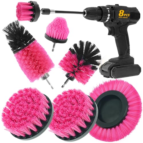 8 Pcs Drill Brush Attachment Set, Power Cleaning Scrub Brush Kit with Extend Long Attachment, All Purpose Drill Scrub Brushes for Car, Grout, Floor, Tub, Bathroom and Kitchen (Pink) - color: Pink