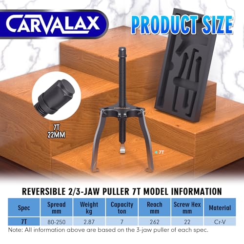 CARVALAX Gear Puller 7 Ton, Heavy Duty CR-V Steel 2 & 3 Reversible Jaw Bearing/Pulley Puller – Professional Automotive & Industrial Tool for Mechanics, DIYers - size: 7T